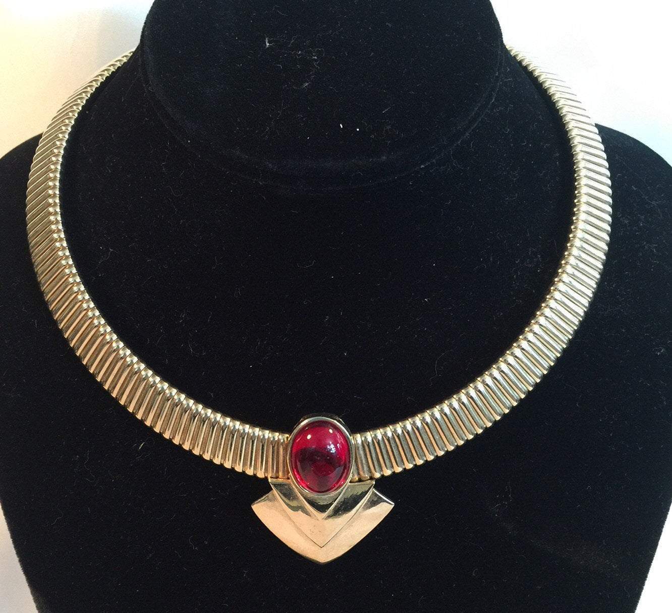 80's Gold Choker with Red Cabochon Stone