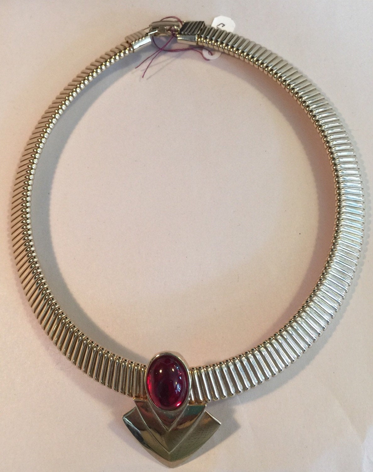 80's Gold Choker with Red Cabochon Stone