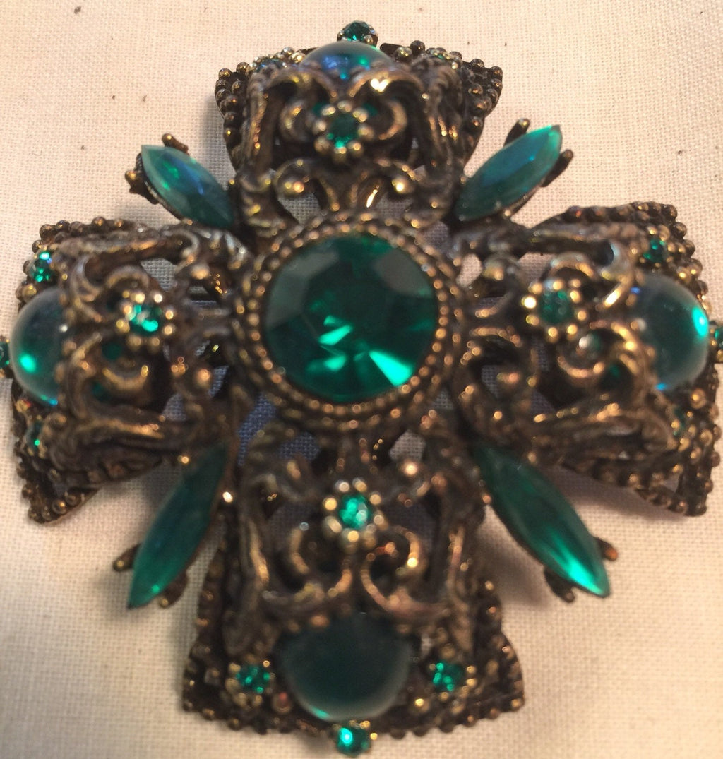 Vintage SELINI signed Brooch Pin Cross Green