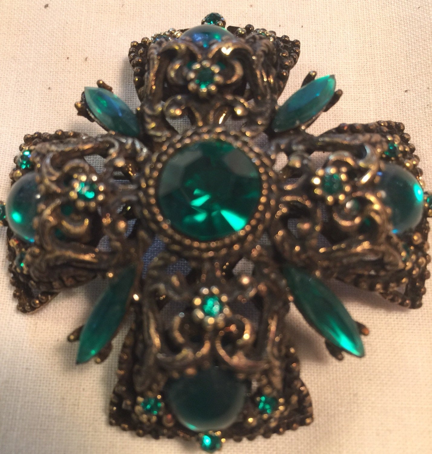 Vintage SELINI signed Brooch Pin Cross Green