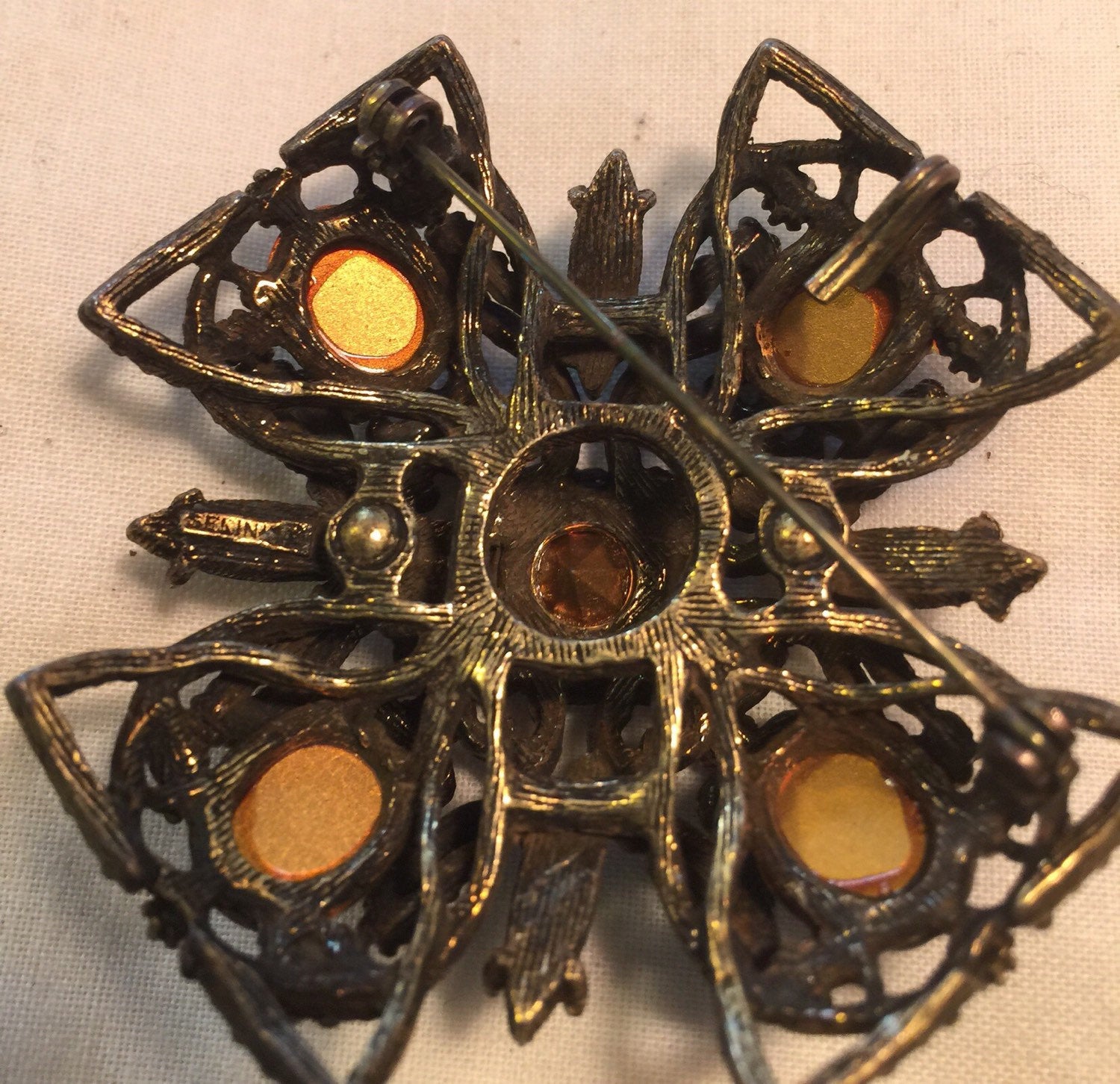 Vintage SELINI signed Brooch Pin Cross Green