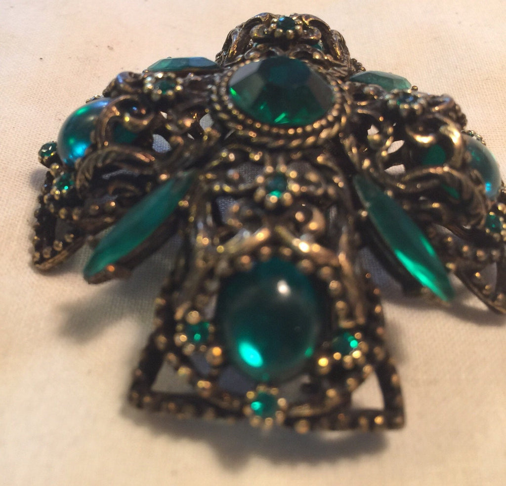 Vintage SELINI signed Brooch Pin Cross Green