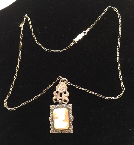 1930's Cameo Necklace Sterling Filigree Chain