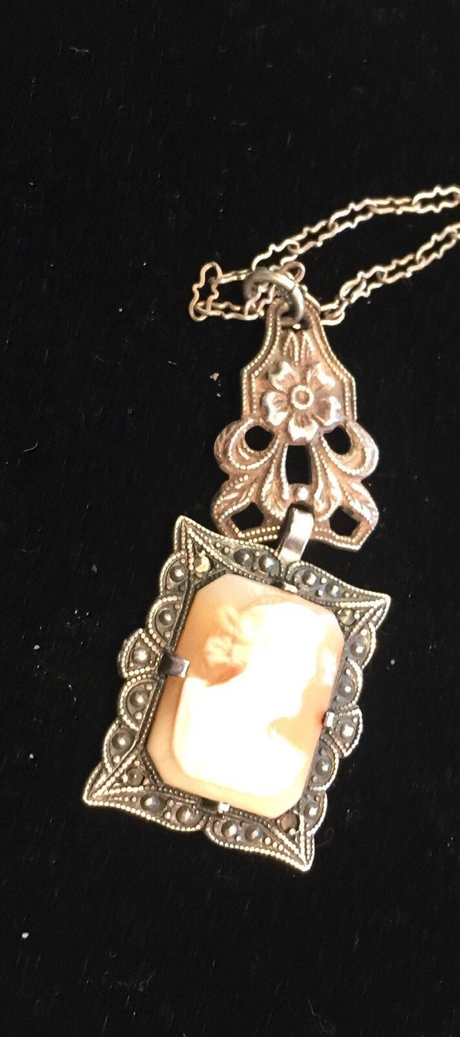 1930's Cameo Necklace Sterling Filigree Chain