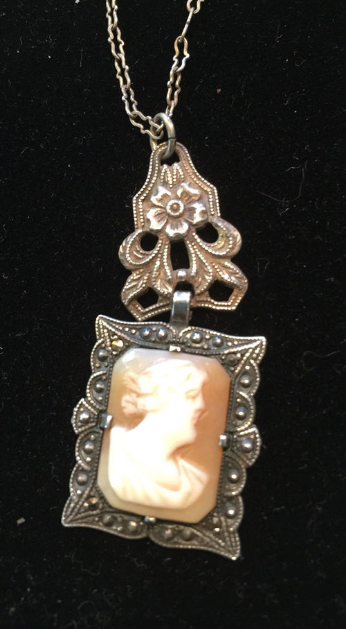 1930's Cameo Necklace Sterling Filigree Chain