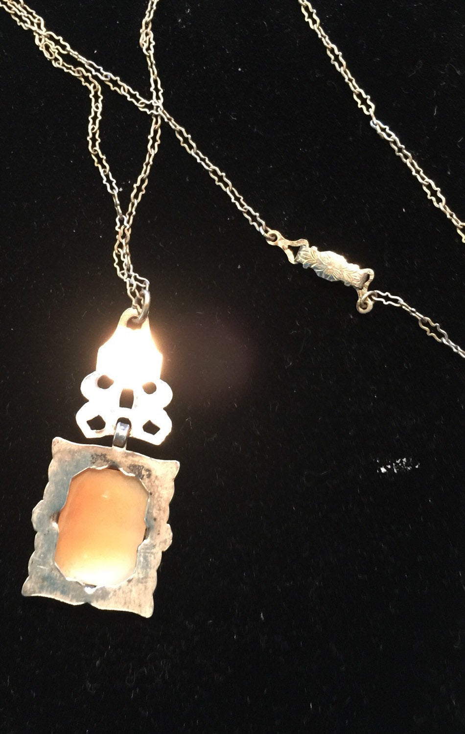 1930's Cameo Necklace Sterling Filigree Chain