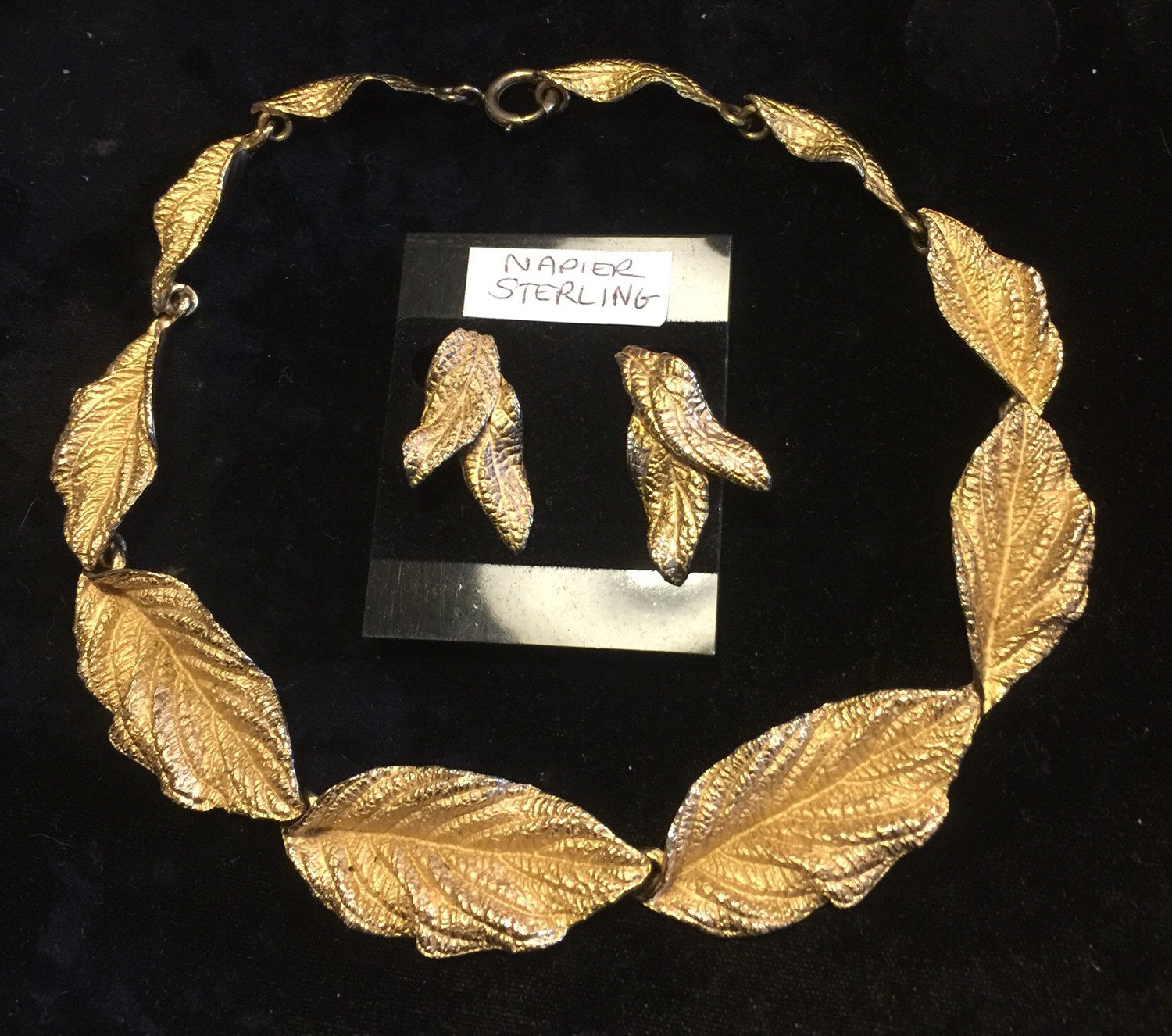 50s NAPIER STERLING Vermeil Leaf Necklace and Earrings Set
