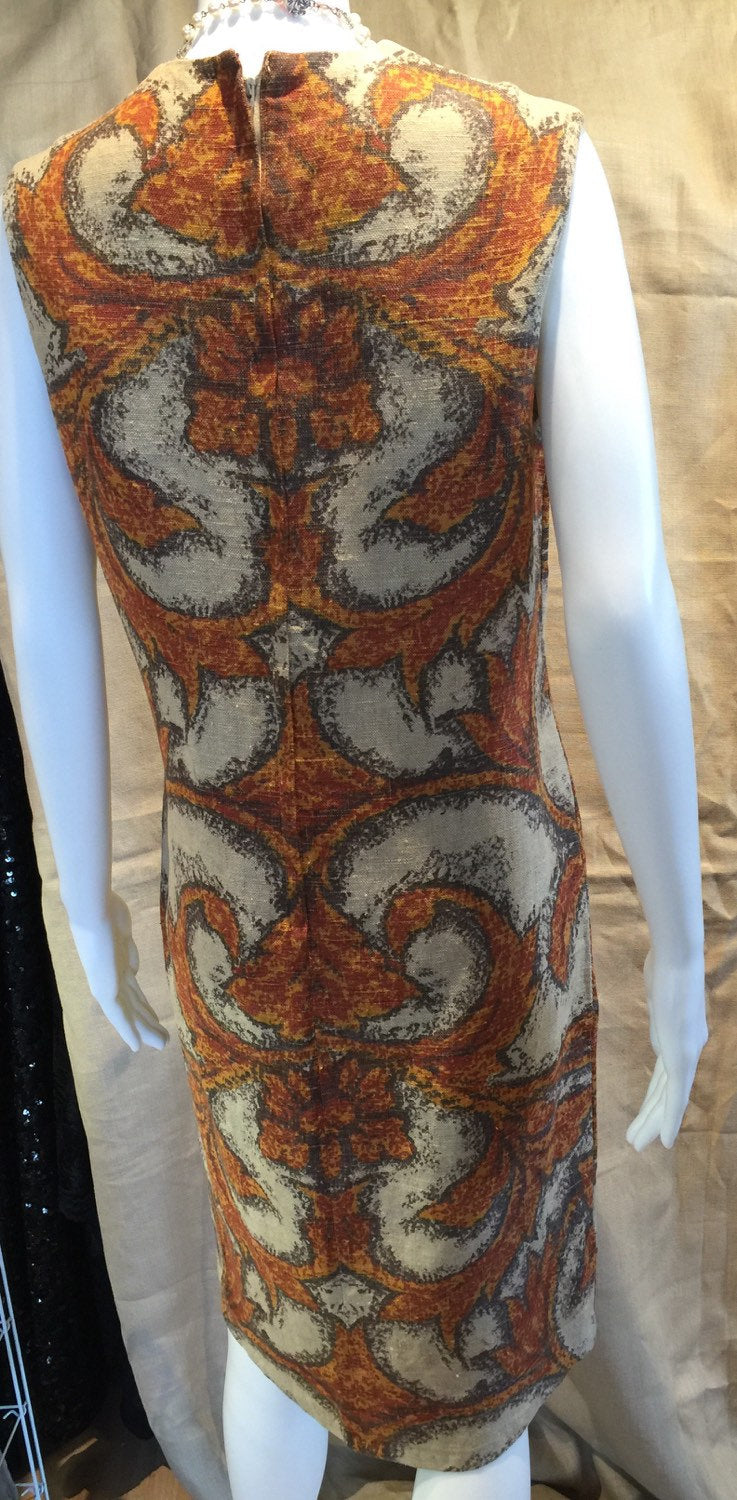 1970's Printed Linen Shift Dress Earth Tones 38-35-40