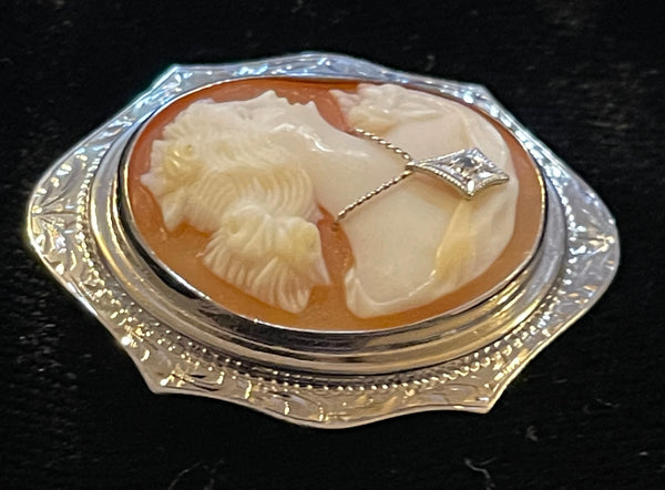 Genuine ART DECO Shell Cameo pin White Gold Diamond necklace