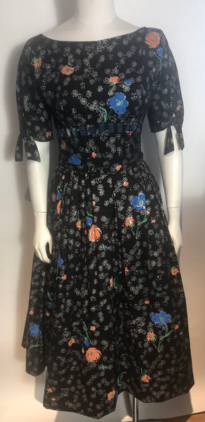 Vtg 1950s Black Floral Cotton Rockabilly Dress Full Skirt