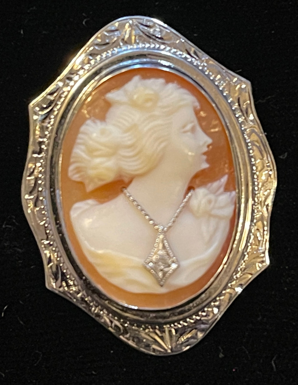 Genuine ART DECO Shell Cameo pin White Gold Diamond necklace