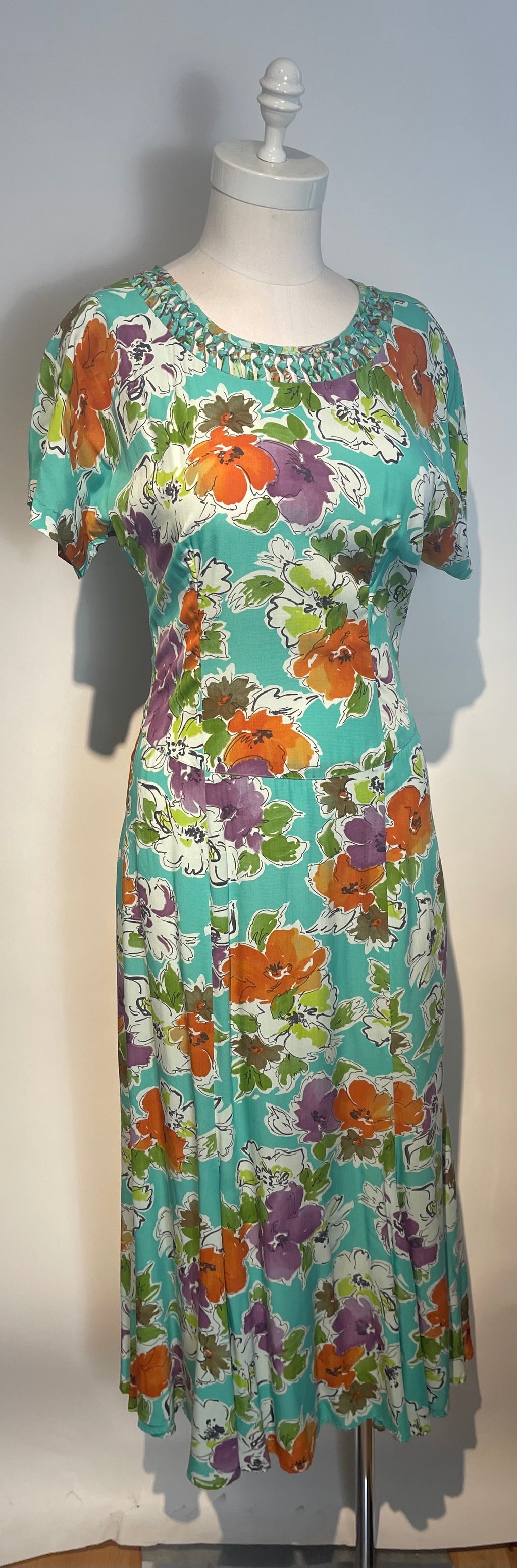 Vtg CAROLE LITTLE Rayon Print Dress 80s does 40s