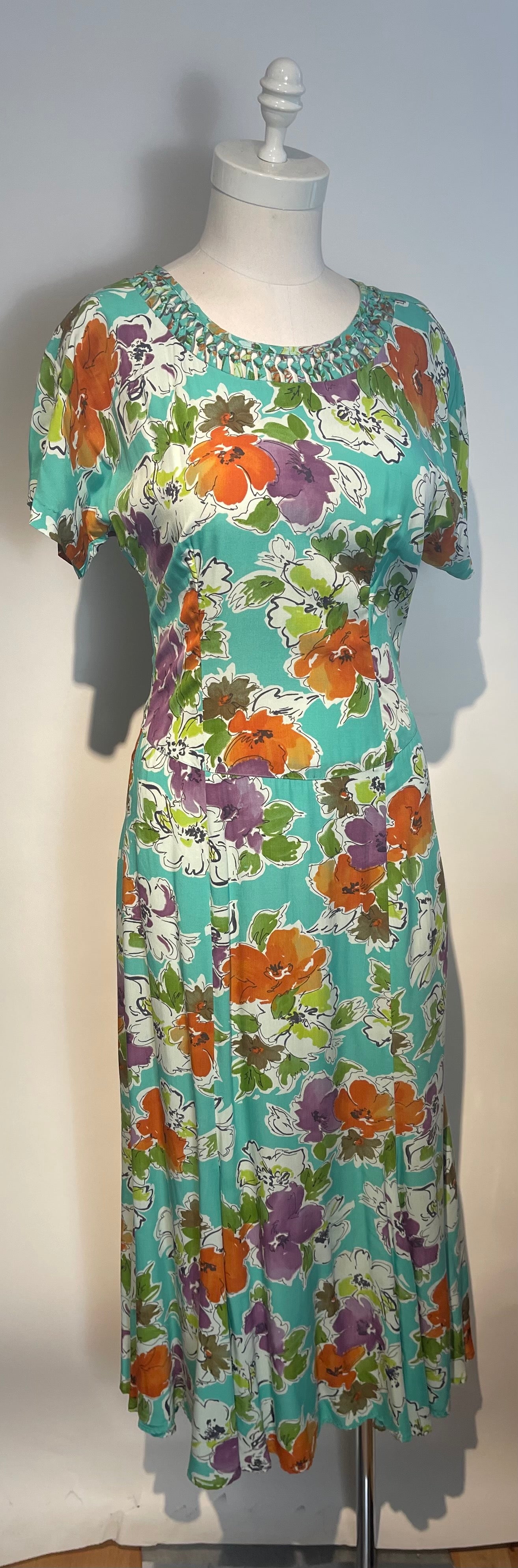 Vtg CAROLE LITTLE Rayon Print Dress 80s does 40s