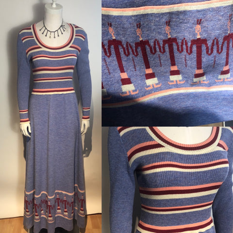 Vtg 1970s Graphic Long Intarsia Knit Dress Boho Hippy