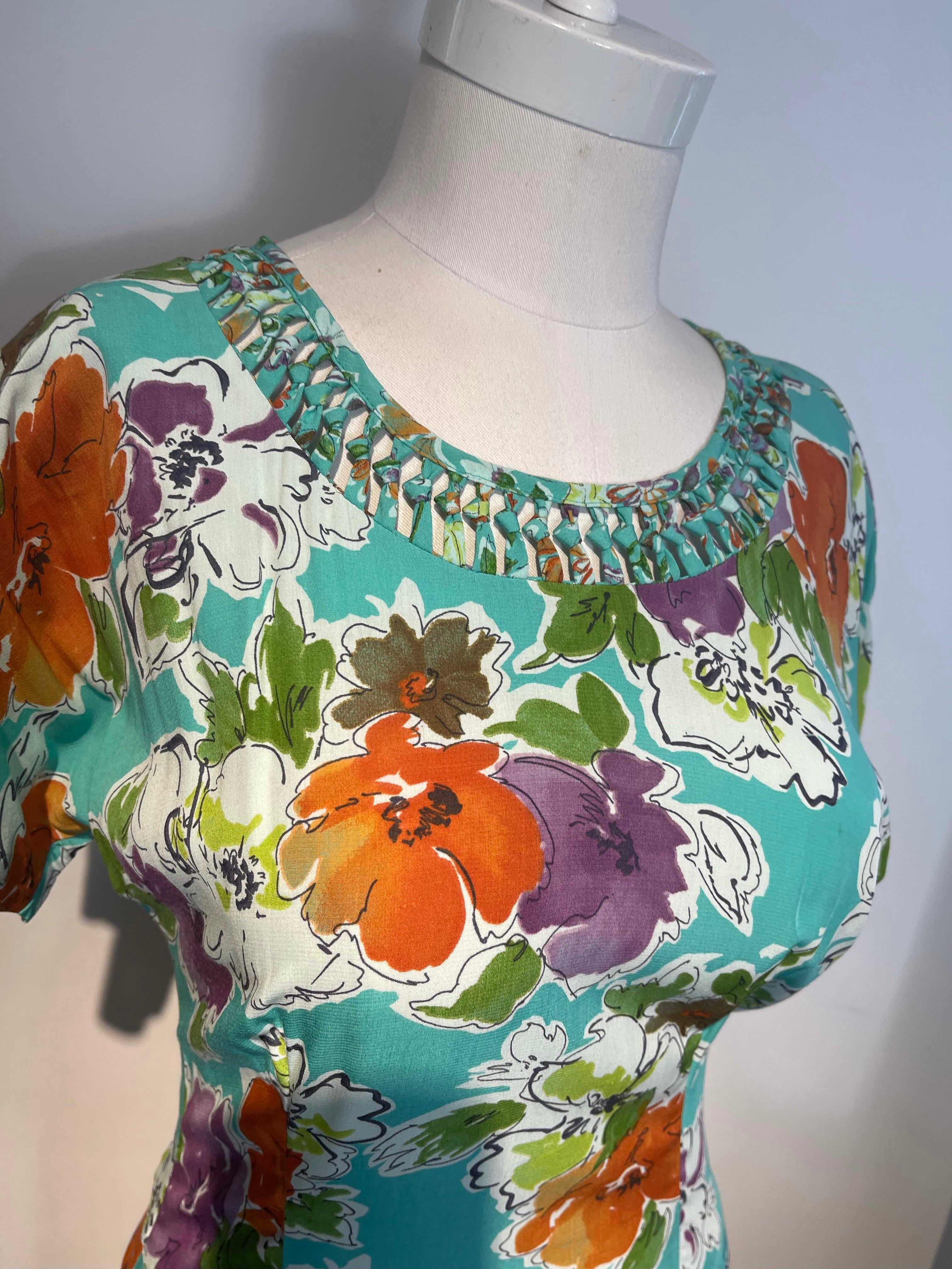 Vtg CAROLE LITTLE Rayon Print Dress 80s does 40s