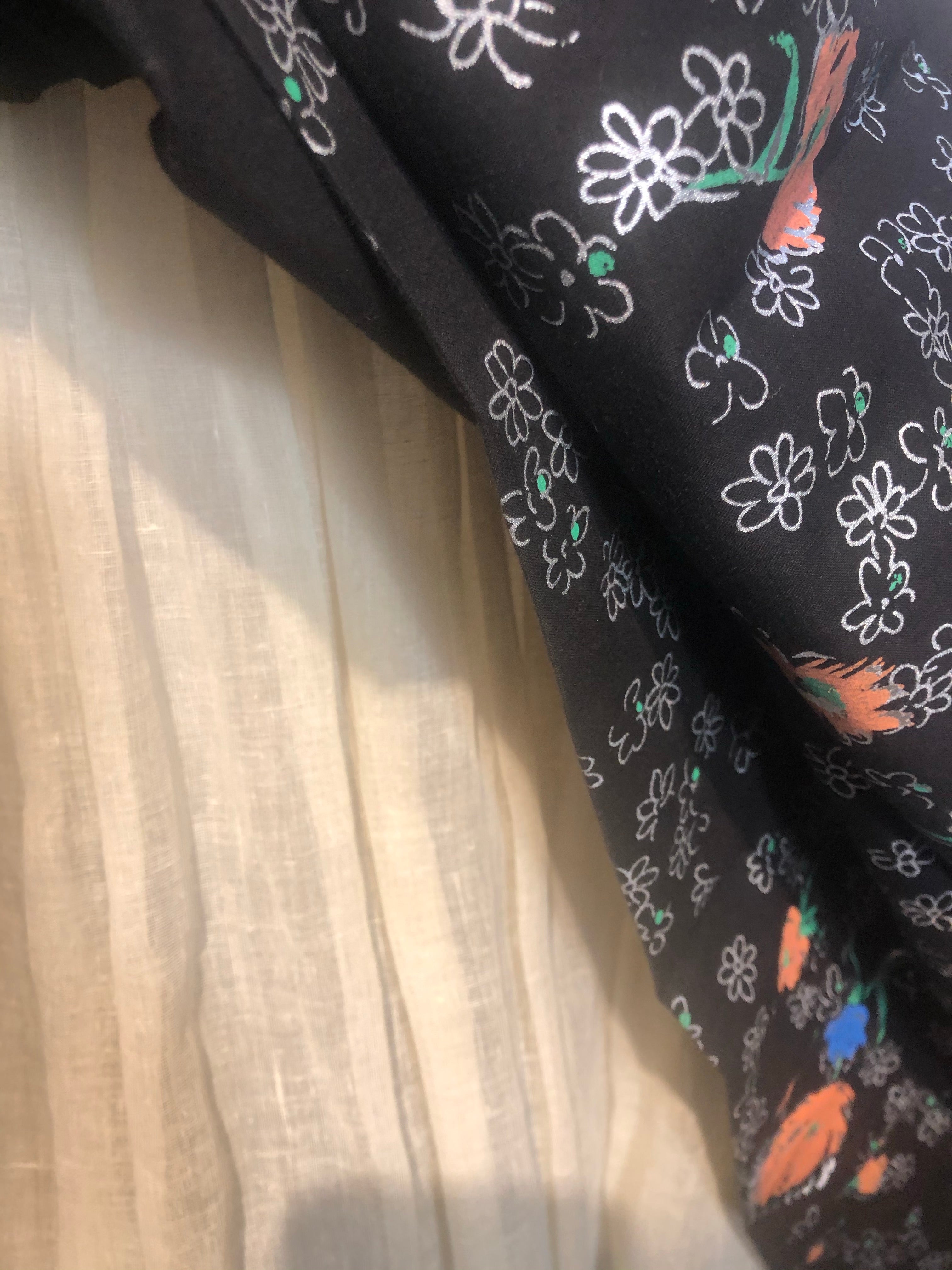 Vtg 1950s Black Floral Cotton Rockabilly Dress Full Skirt