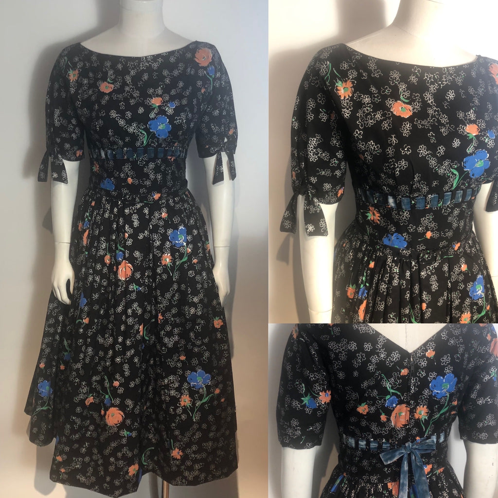Vtg 1950s Black Floral Cotton Rockabilly Dress Full Skirt