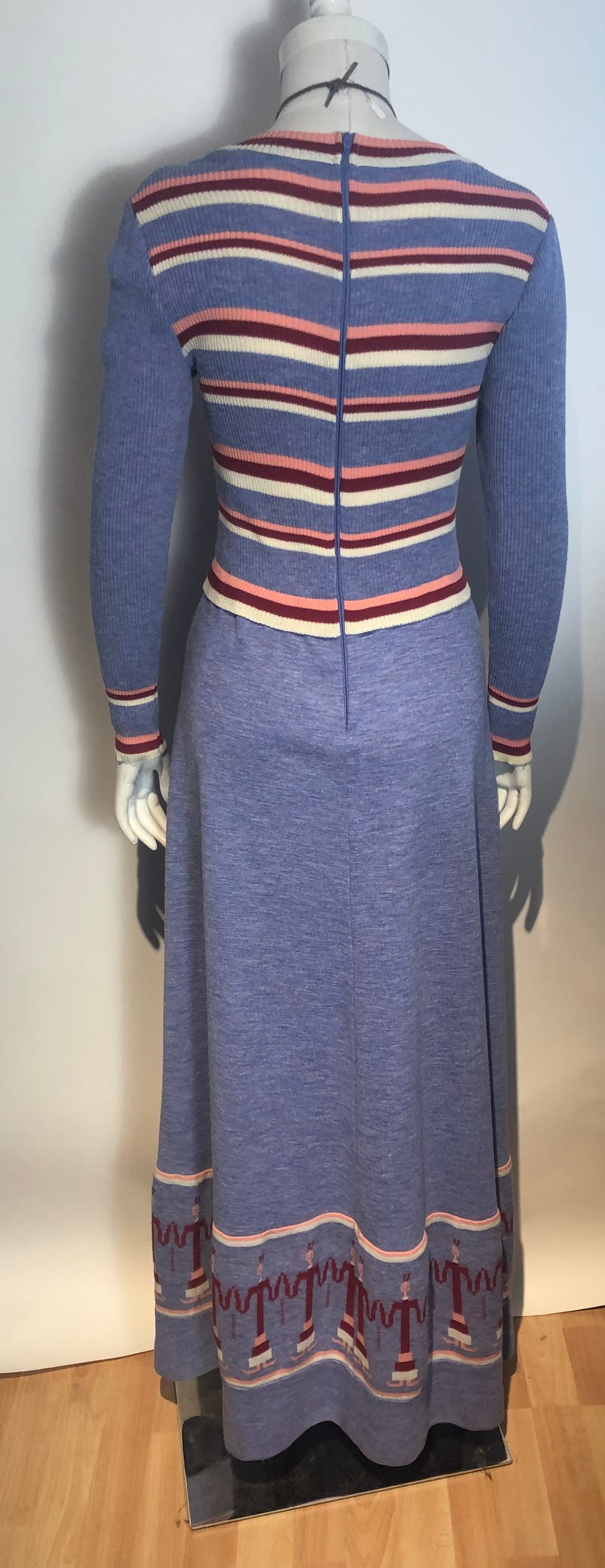 Vtg 1970s Graphic Long Intarsia Knit Dress Boho Hippy