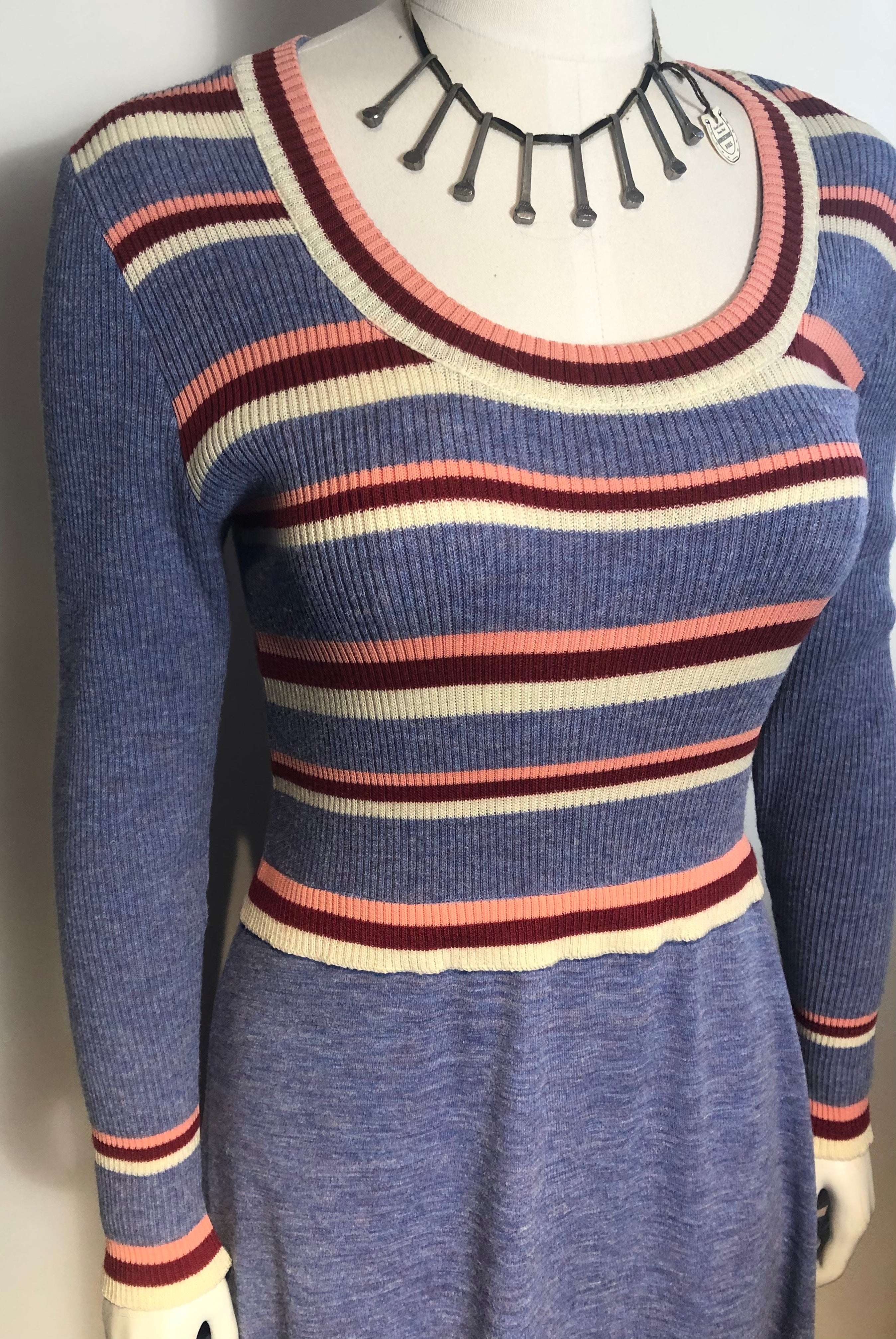 Vtg 1970s Graphic Long Intarsia Knit Dress Boho Hippy