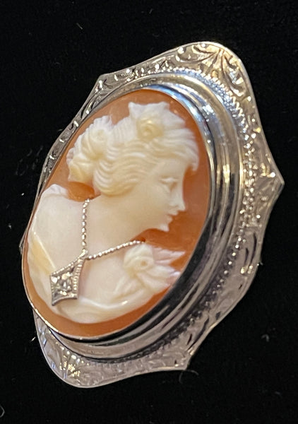 Genuine ART DECO Shell Cameo pin White Gold Diamond necklace