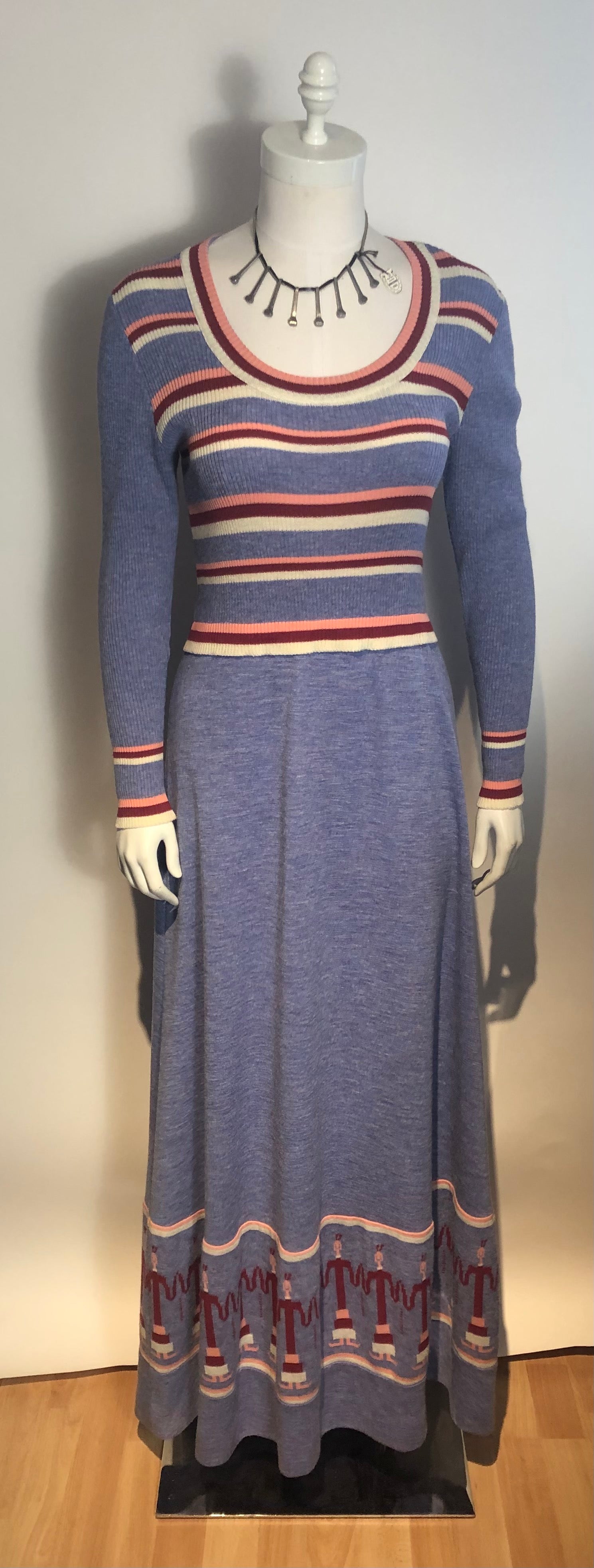 Vtg 1970s Graphic Long Intarsia Knit Dress Boho Hippy