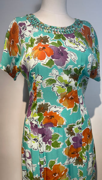 Vtg CAROLE LITTLE Rayon Print Dress 80s does 40s