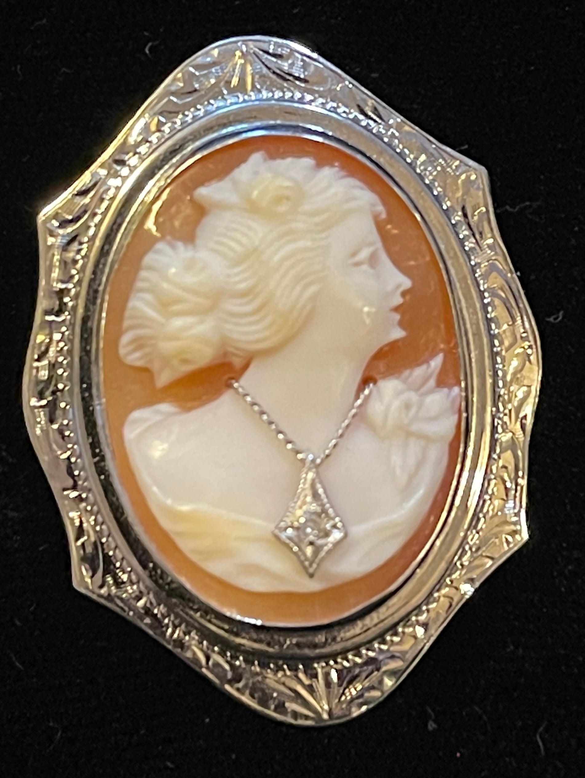 Genuine ART DECO Shell Cameo pin White Gold Diamond necklace