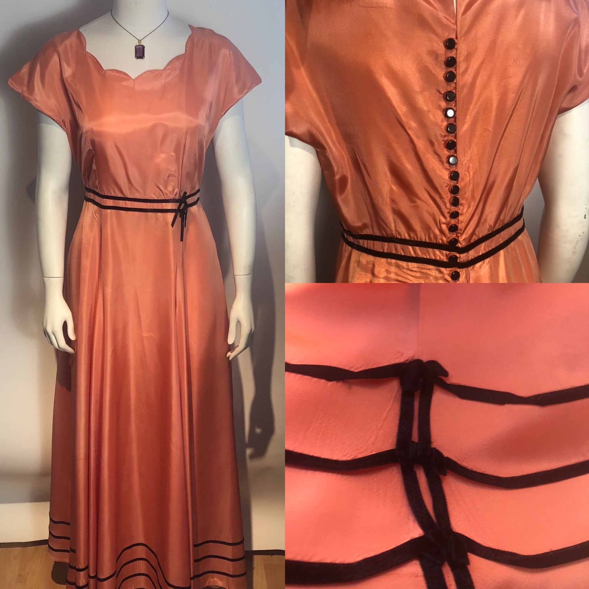 Vtg 1950s Pink & Black Taffeta Party Dress Boho Hippy