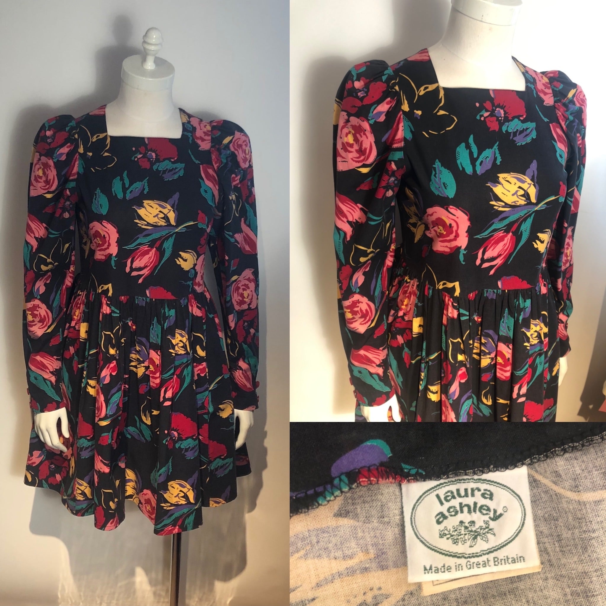 Vtg 80s LAURA ASHLEY Floral BABY DOLL Dress Pouf Sleeves