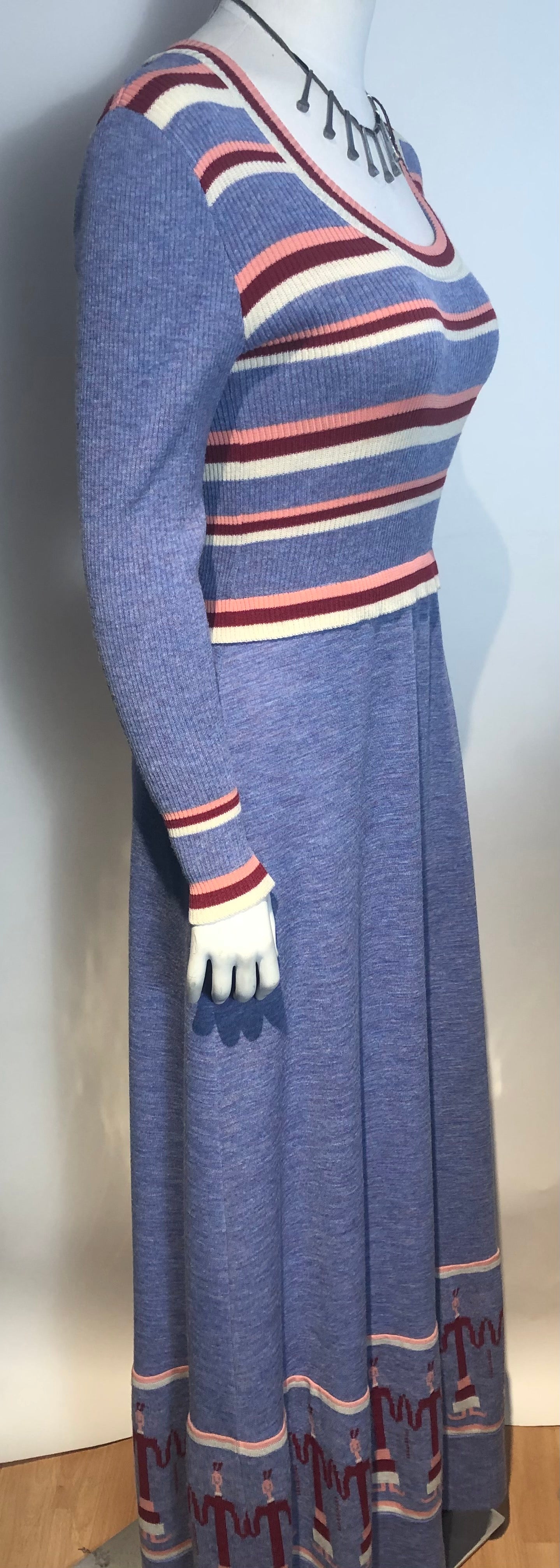 Vtg 1970s Graphic Long Intarsia Knit Dress Boho Hippy